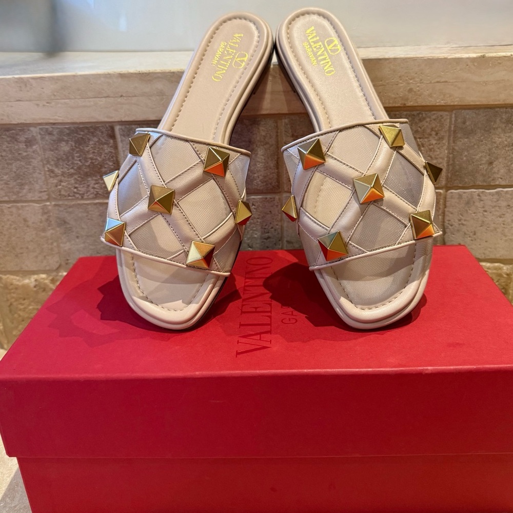 Valentino Quilted Cream Sandals with Gold Accents
